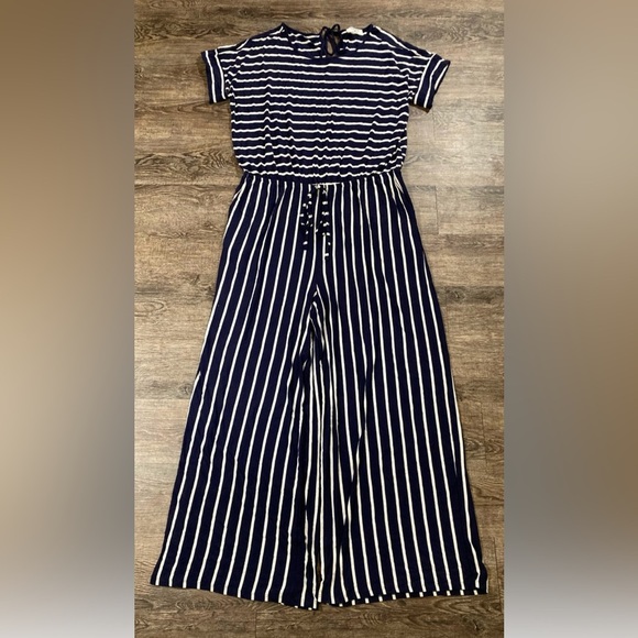 Zenana Outfitters Pants - Zenana Wide Leg Jumpsuit Navy & White Stripe Cropped Length Size 3X